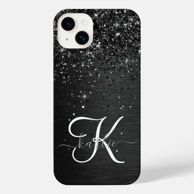 Coque iPhone Monogramme d'étincelle à Parties scintillant noire (Verso)