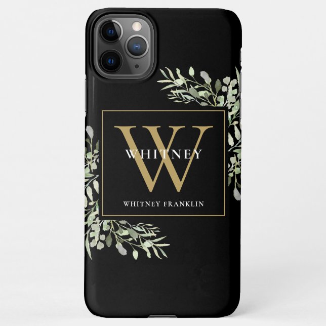 Coque iPhone Monogramme d'or Élégant vert moderne Noir (Dos)