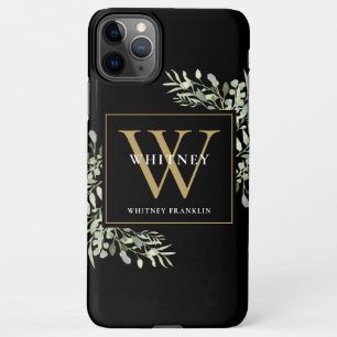 Coque iPhone 11Pro Max Monogramme d'or Élégant vert moderne Noir
