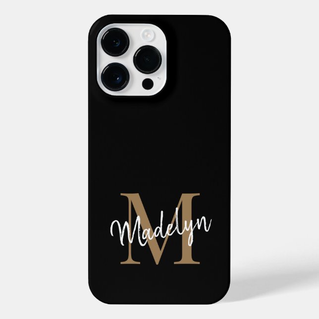 Coque iPhone Monogramme d'or noir moderne Nom du script féminin (Verso)