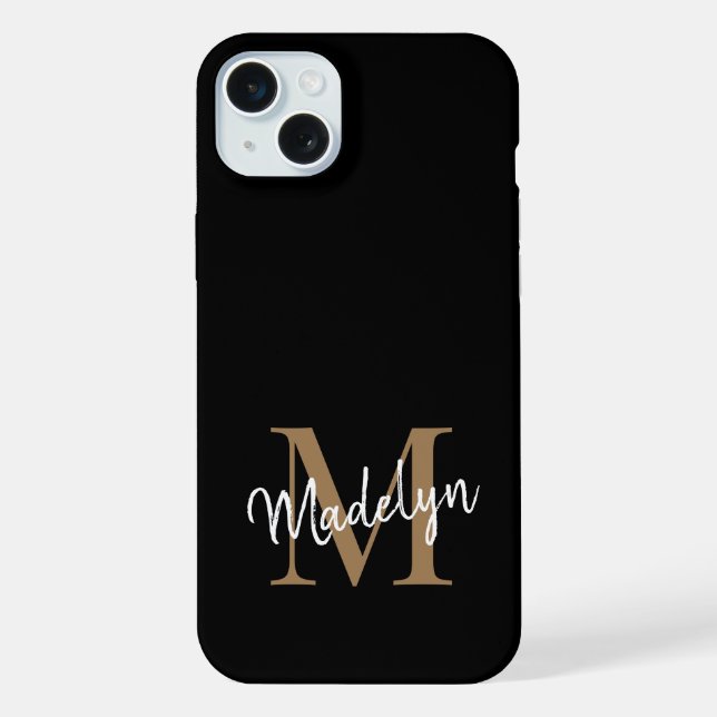 Coque iPhone Monogramme d'or noir moderne Nom du script féminin (Verso)