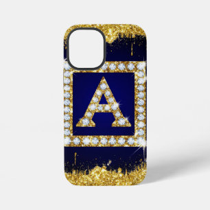 Coque iPhone 12 Mini Monogramme doré initial A avec paillettes bleues