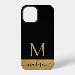 Coque iPhone 12 Monogramme écriture féminine or noir moderne