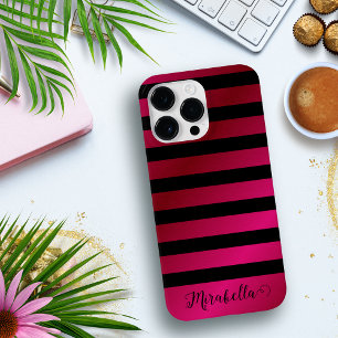 Coque Pour Pour iPhone 14 Pro Max Monogramme écriture nom rayures rose et noir