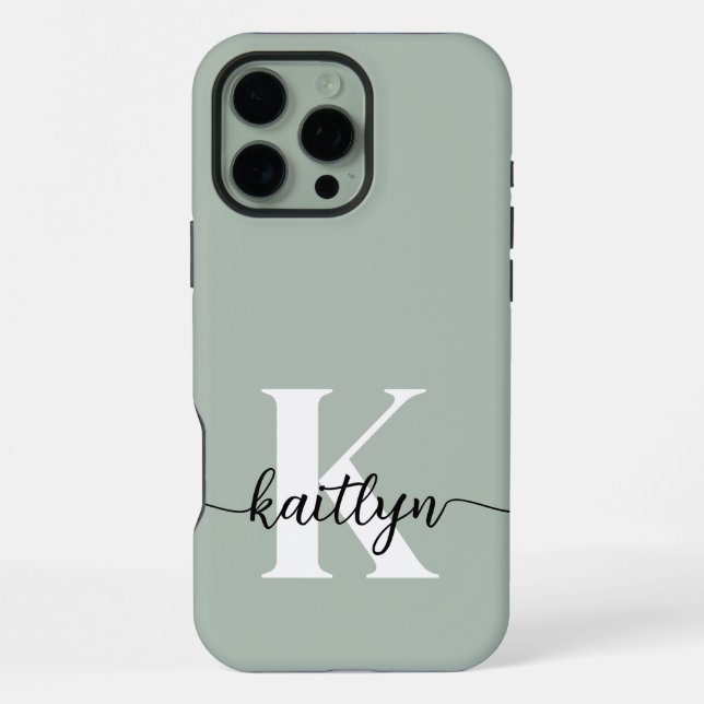 Coque iPhone Monogramme écriture vert sauge (Verso)