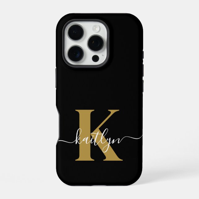 Coque iPhone Monogramme élégant en or noir Script (Verso)
