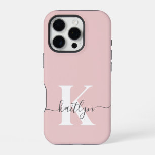Coque iPhone 16 Pro Monogramme élégant rose poudré gris