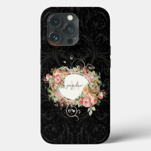 Etui iPhone 13 Pro Monogramme élégant vintage floral rose noir écritu