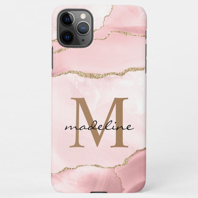 Coque iPhone Monogramme en marbre moderne en pierre rose (Dos)