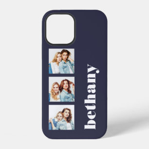 Coque iPhone 12 Monogramme Épais Personnalisé 3-Photos Bleu Nuit F