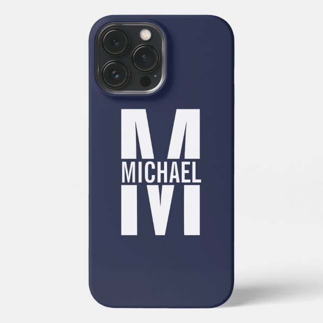 Coque iPhone Monogramme et nom personnalisés bleu marine (Verso)