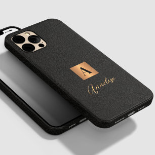 Coque Pour Pour iPhone 14 Pro Max Monogramme et nom personnalisés or noir