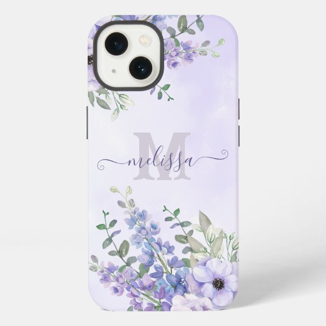 Coque iPhone Monogramme Fleurs Sauvages Violet Rose Nom Script (Verso)