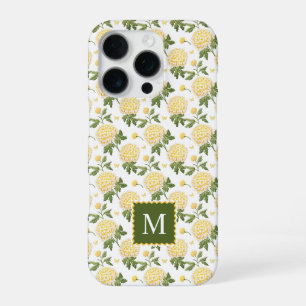 Coque iPhone 16 Pro Monogramme Floral Hydrangea Jaune Élégant