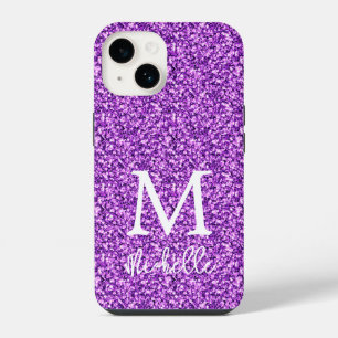 Coque Pour iPhone 14 Monogramme initial nom paillettes violet tendance