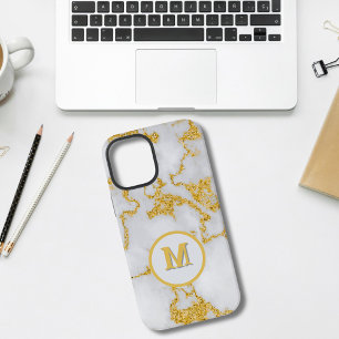 Coque iPhone 12 Mini Monogramme M Élégant Motif Marbre Blanc & Or