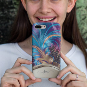 Coque iPhone 12 Monogramme manuscrit moderne fractal bleu or