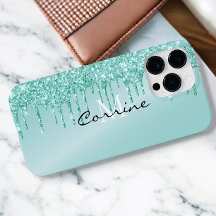 Coque Pour Pour iPhone 14 Pro Max Monogramme métallisé bleu aqua paillettes goutte A