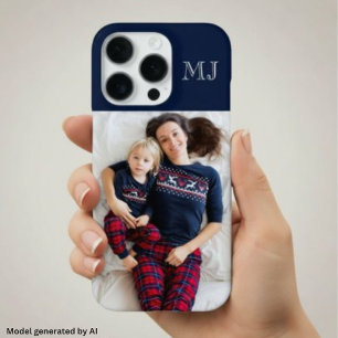 Coque iPhone 16 Pro Monogramme Moderne 1 Photo Bleu Marine