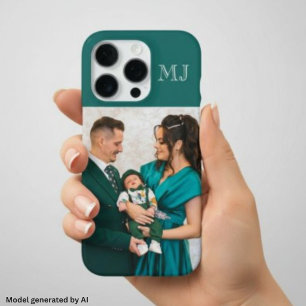 Coque iPhone 16 Pro Monogramme Moderne 1 Photo Vert Sarcelle