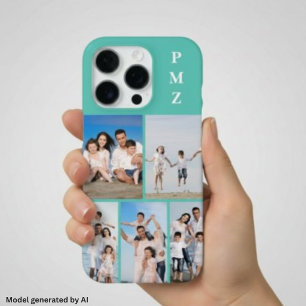 Coque iPhone 16 Pro Monogramme Moderne Collage de 5 Photos Bleu Aqua T