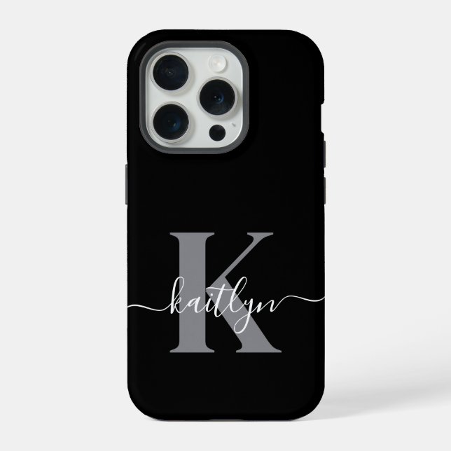 Coque iPhone Monogramme moderne gris noir script (Verso)