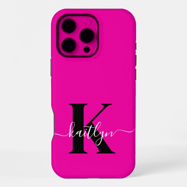 Coque iPhone Monogramme moderne rose noir écriture script (Verso)