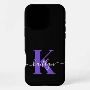 Coque iPhone 16 Pro Max Monogramme Moderne Violet Noir Script