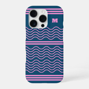 Coque iPhone 16 Pro Monogramme Motif de bandes ondulées bleu et rose