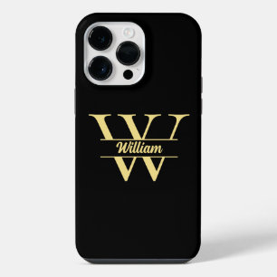 Coque Pour Pour iPhone 14 Pro Max Monogramme Noir et Or Écriture Initiale Élégant