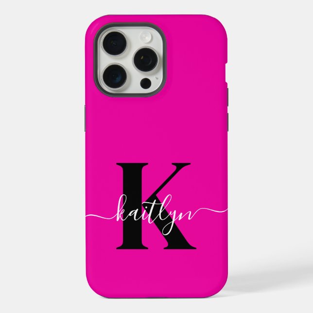Coque iPhone Monogramme noir rose chaud moderne (Verso)
