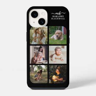 Coque Pour iPhone 14 Monogramme Nom Black White 6 Photo Collage