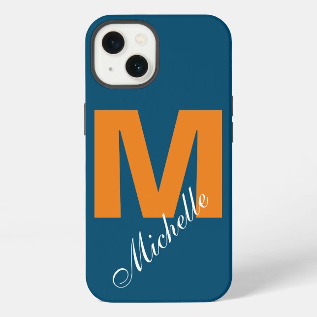 Coque iPhone Monogramme Nom Initial Moderne Bleu Orange Océan (Verso)