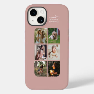 Coque Pour iPhone 14 Monogramme Nom Rose Gold 6 Photo Collage
