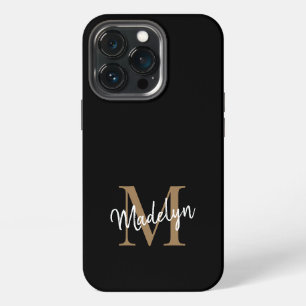Etui iPhone 13 Pro Monogramme Or Noir Moderne Nom Féminin Script