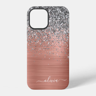 Coque iPhone 12 Monogramme Pailleté Argent Doré Rose Métal Brossé