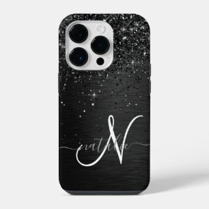 Coque Pour iPhone 14 Plus Monogramme personnalisé avec paillettes noires