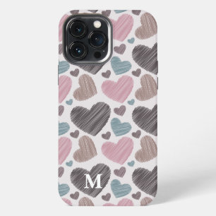 Etui iPhone 13 Pro Max Monogramme personnalisé coeurs gribouillés moderne