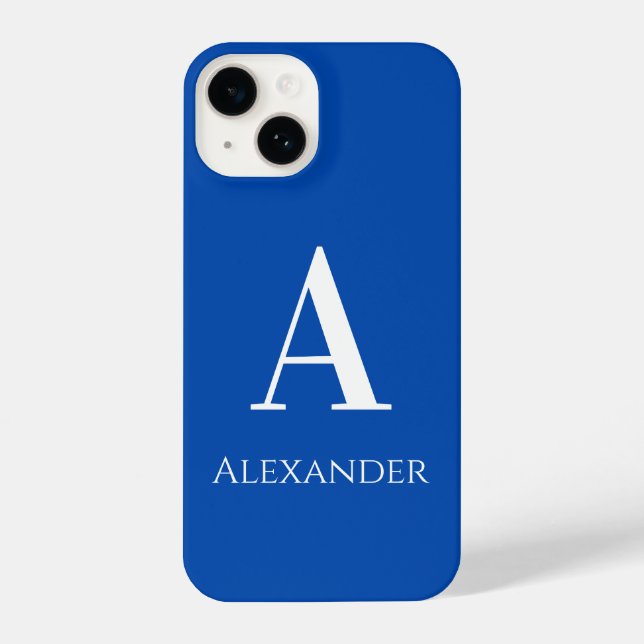 Coque iPhone Monogramme personnalisé Nom bleu moderne (Verso)