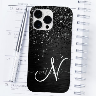 Coque Pour Pour iPhone 14 Pro Max Monogramme personnalisé paillettes noires