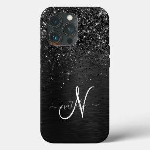 Etui iPhone 13 Pro Monogramme personnalisé paillettes noires