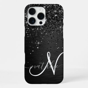 Coque iPhone 16 Pro Max Monogramme personnalisé paillettes noires
