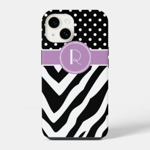 Coque Pour iPhone 14 Monogramme Pois de Zèbre noir et violet