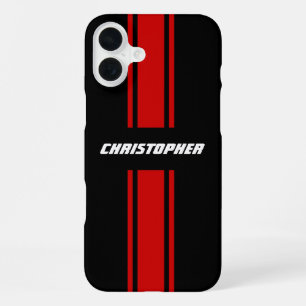Coque iPhone 16 Plus Monogramme rayures de course rouges noires élégant