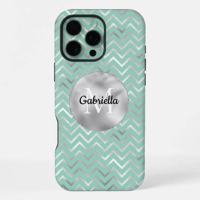 Coque iPhone Monogramme rayures zigzag argent menthe (Verso)