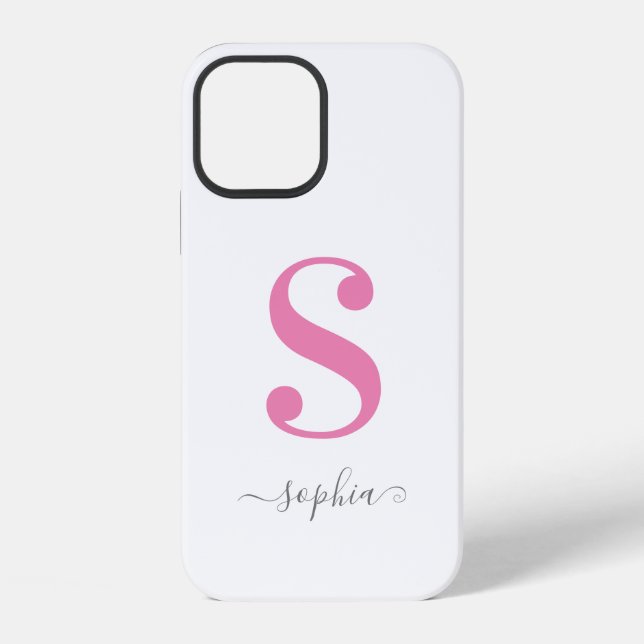 Coque iPhone Monogramme rose minimal avec nom en script gris su (Verso)