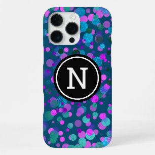 Coque iPhone 16 Pro Max Monogramme scintillant points de confettis bleu vi