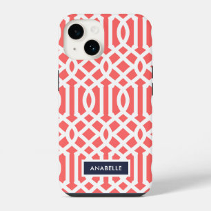 Coque Pour iPhone 14 Monogramme Treillis Navy et Corail