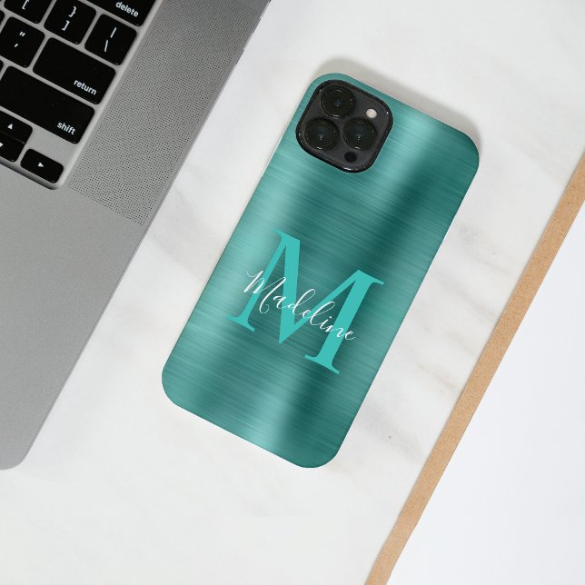 Coque iPhone Monogramme Turquoise métallique brossé de glam Élé (Créateur téléchargé)