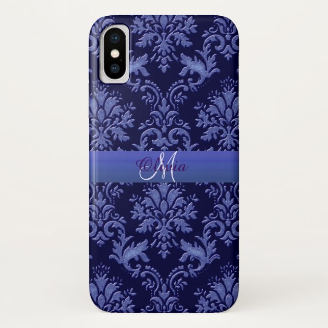 coque iphone Monogramme Vintage Blue Damask (Dos)